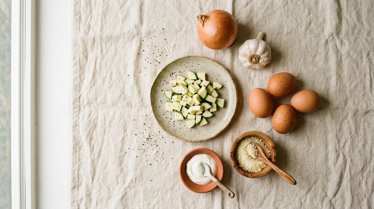 Продукты для запеканки из кабачков: кабачки, фарш, яйца, сметана, сыр