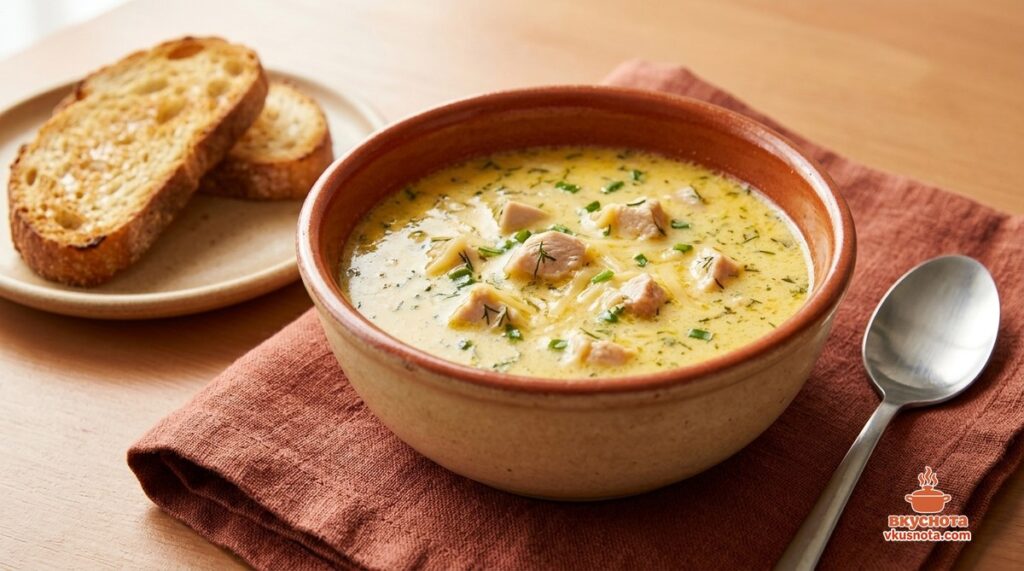 Готовый сырный суп с курицей в тарелке, посыпанный зеленью, с гренками