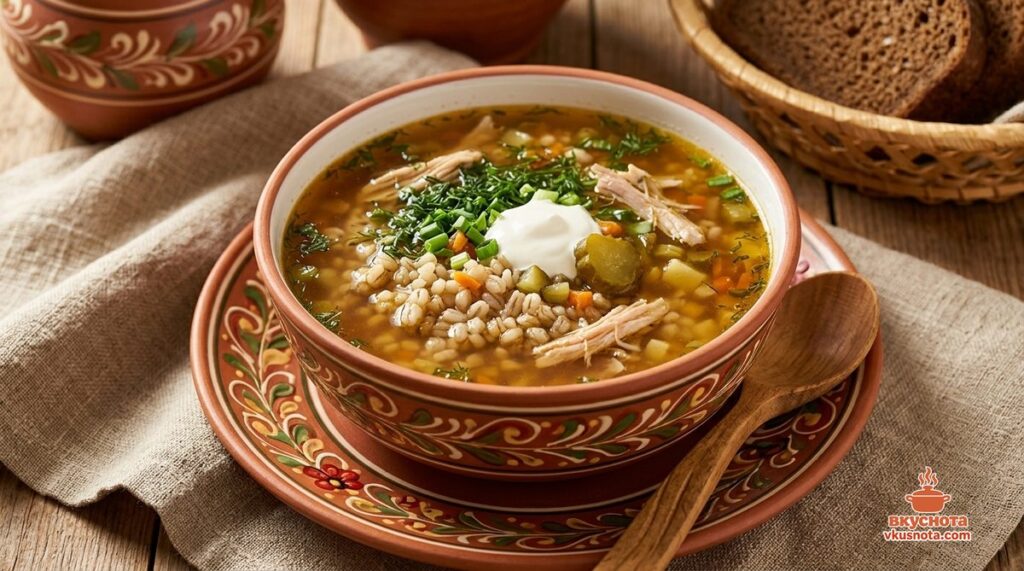 Готовый рассольник с перловкой, солёными огурцами и зеленью в тарелке
