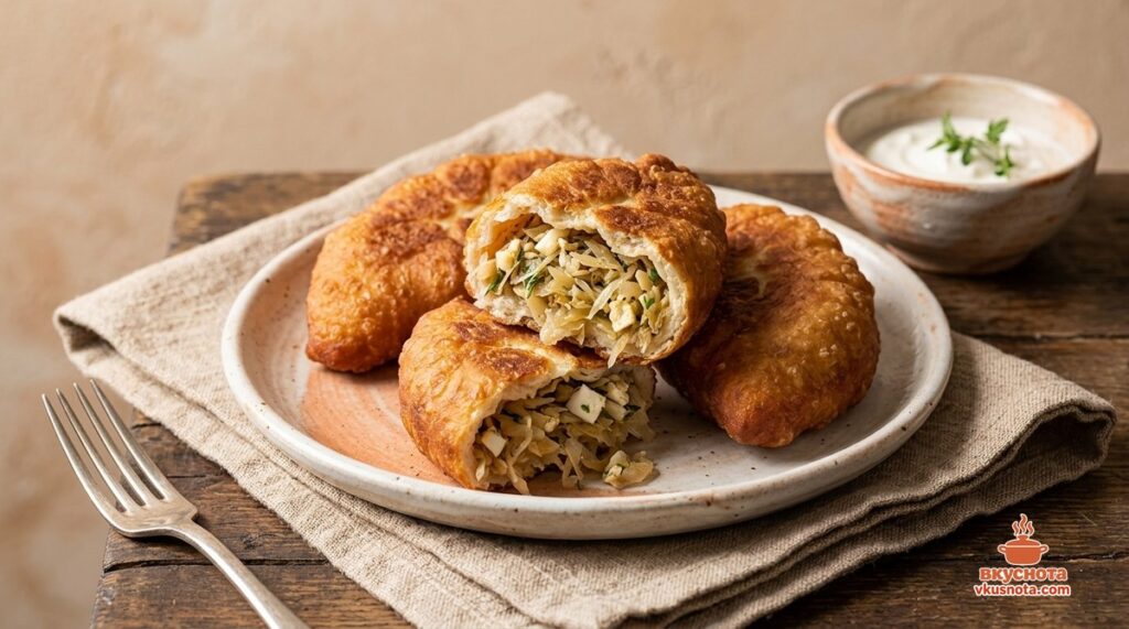 Готовые жареные пирожки с капустой, румяные, в стопке на тарелке