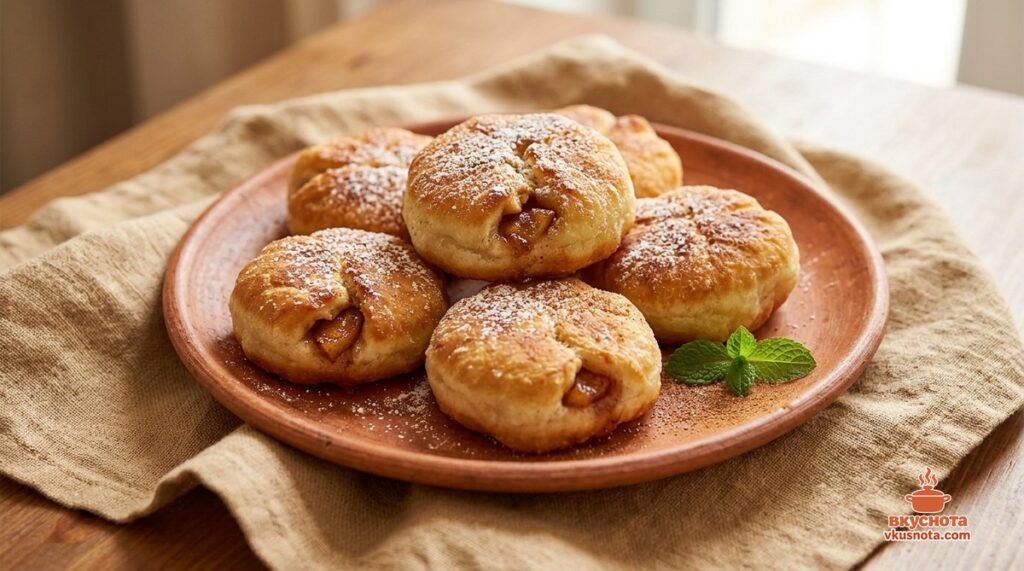 Готовые жареные пирожки с яблоками, румяные, с яблочной начинкой