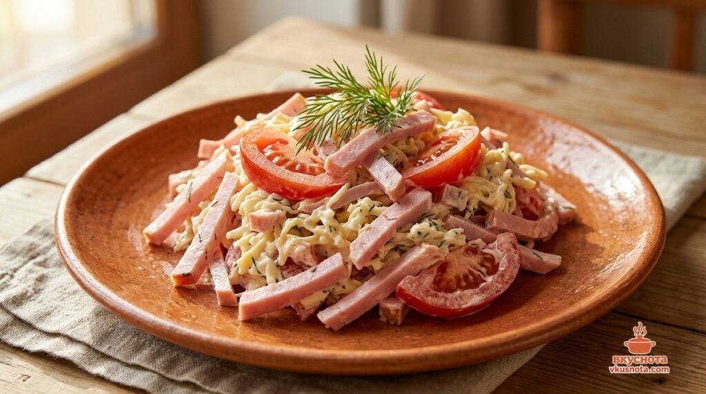 Готовый салат с ветчиной и сыром с укропом в салатнике, подача