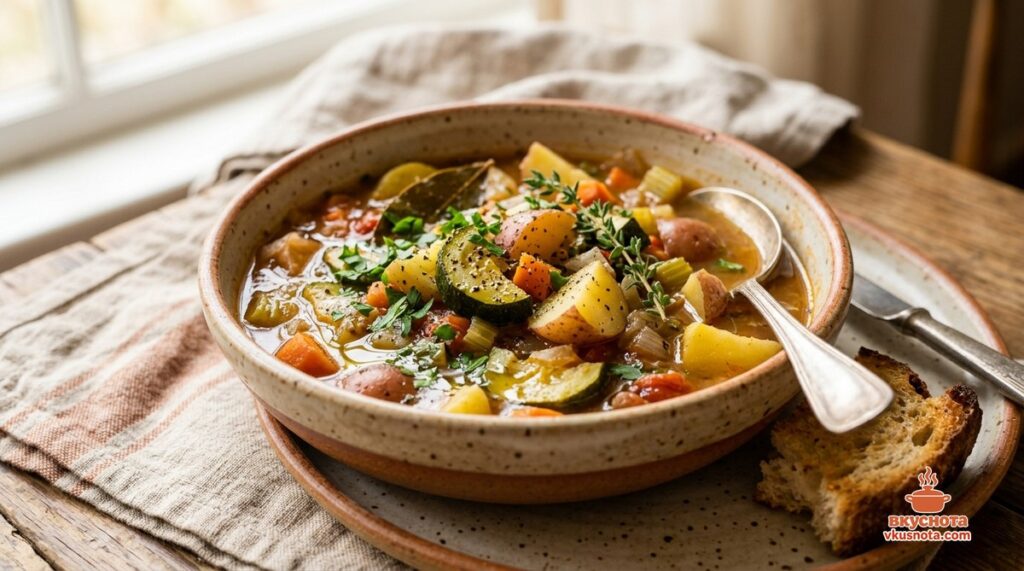 Готовое овощное рагу из кабачков и картофеля с укропом в жаровне, подача на тарелке