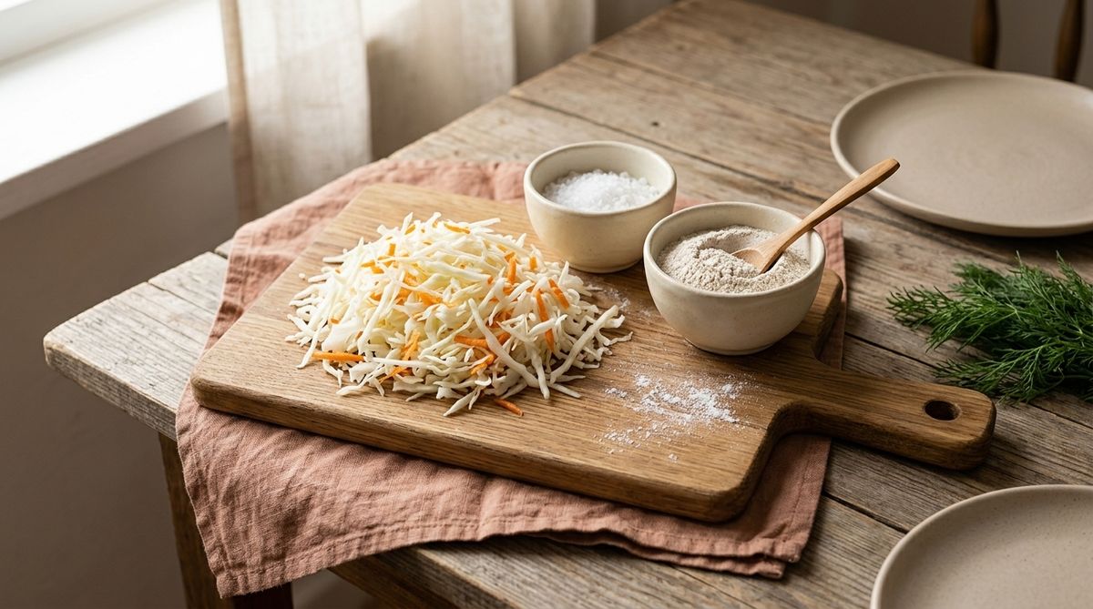 Ингредиенты для квашеной капусты: кочан капусты, морковь, соль, сахар, ржаная мука