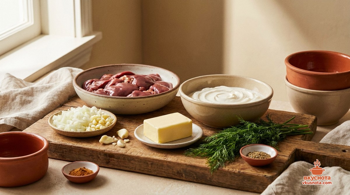 Ингредиенты для куриная печень в сметане