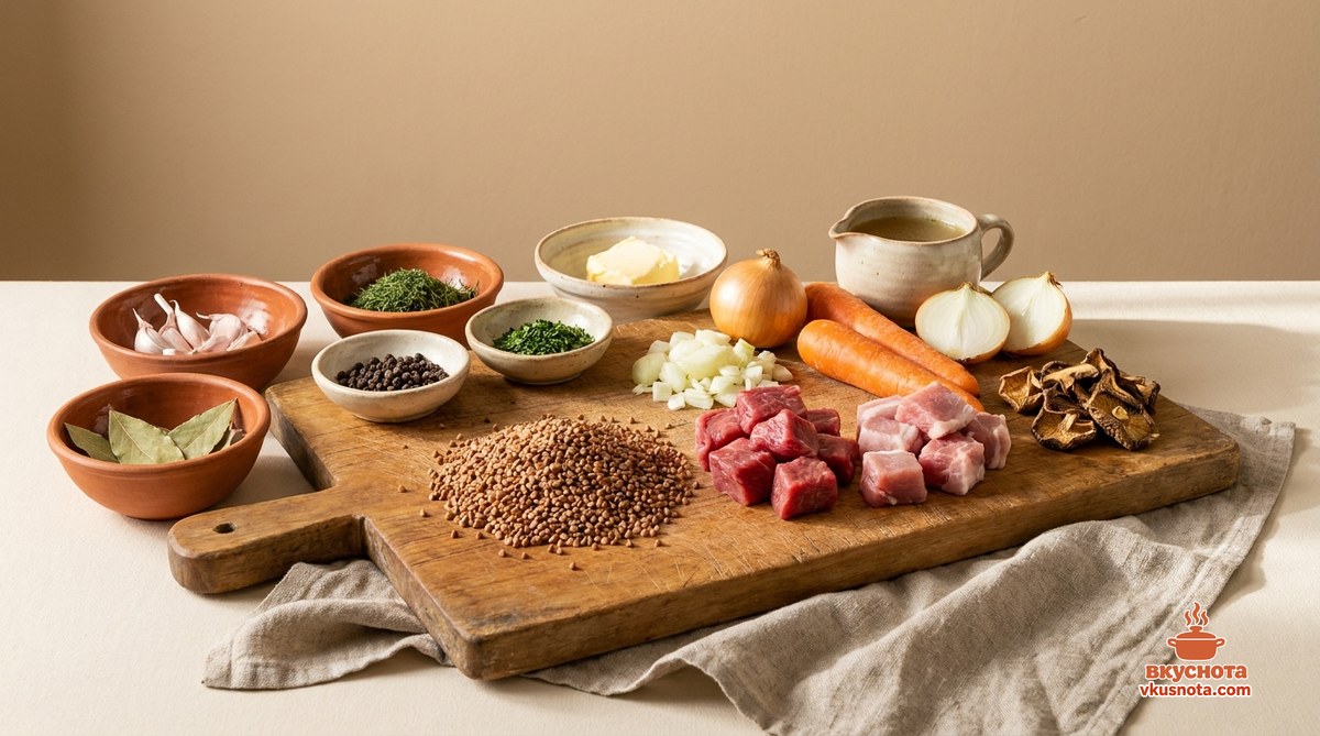 Ингредиенты для гречка по-купечески с мясом