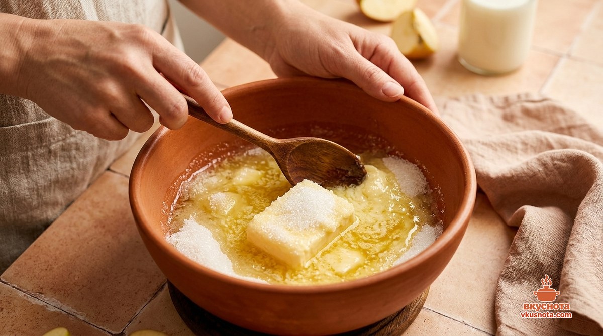 Размягчённое масло растирается с сахаром в миске