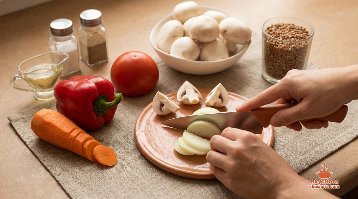 Гречка с грибами на сковороде — набор продуктов на столе