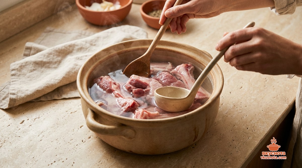 Сколько варить бульон: мясо и кости в кастрюле залиты холодной водой