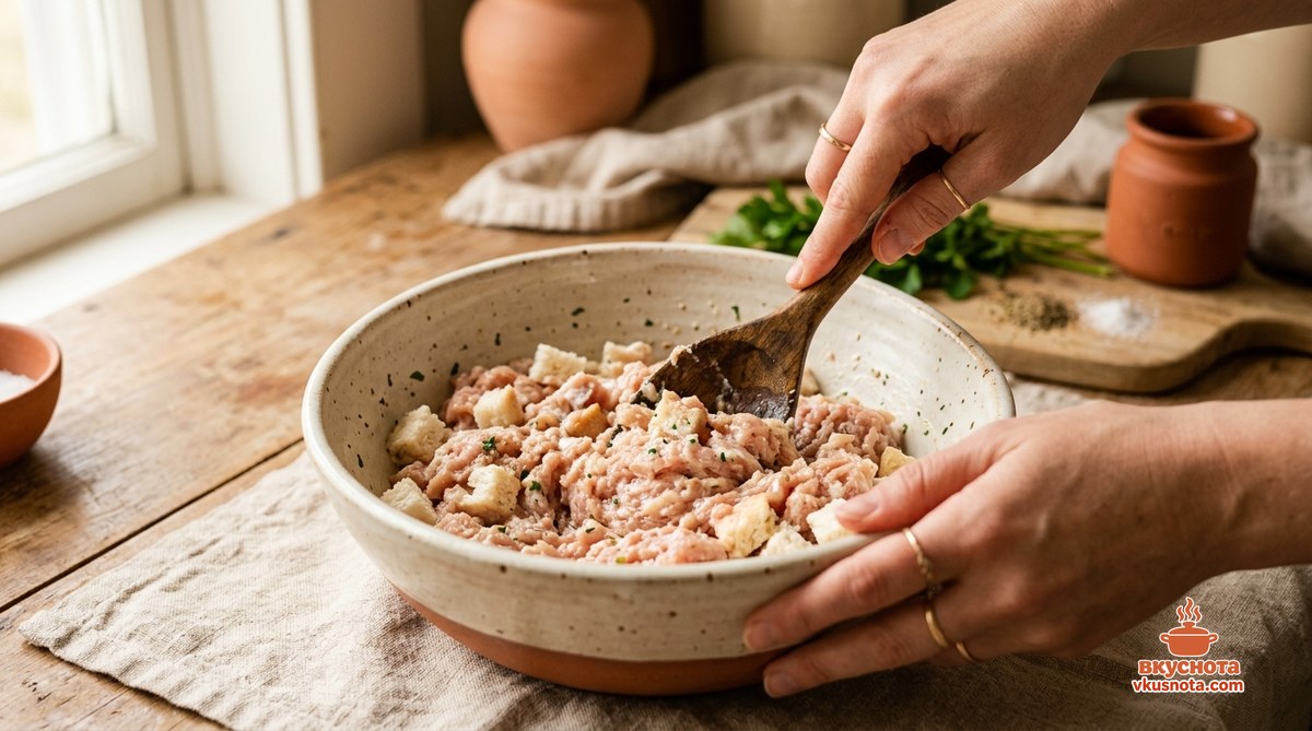 Куриный фарш с батоном, сливками и чесноком перемешивается в миске