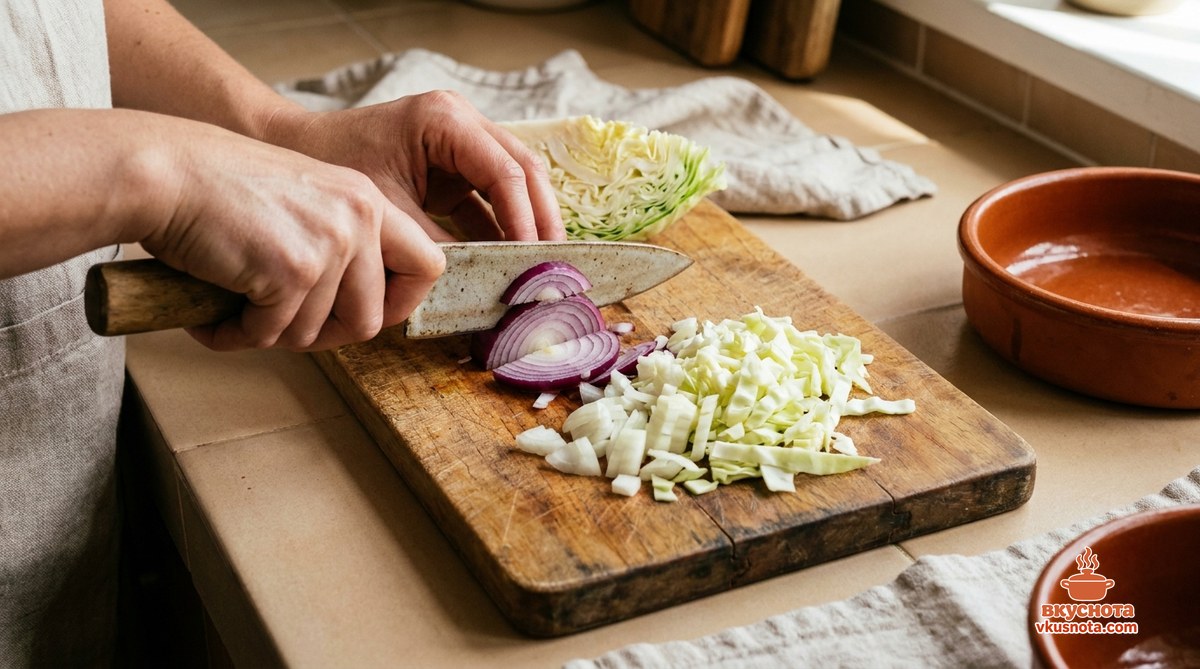 Нашинкованные лук полукольцами и капуста соломкой в форме на пекарской бумаге