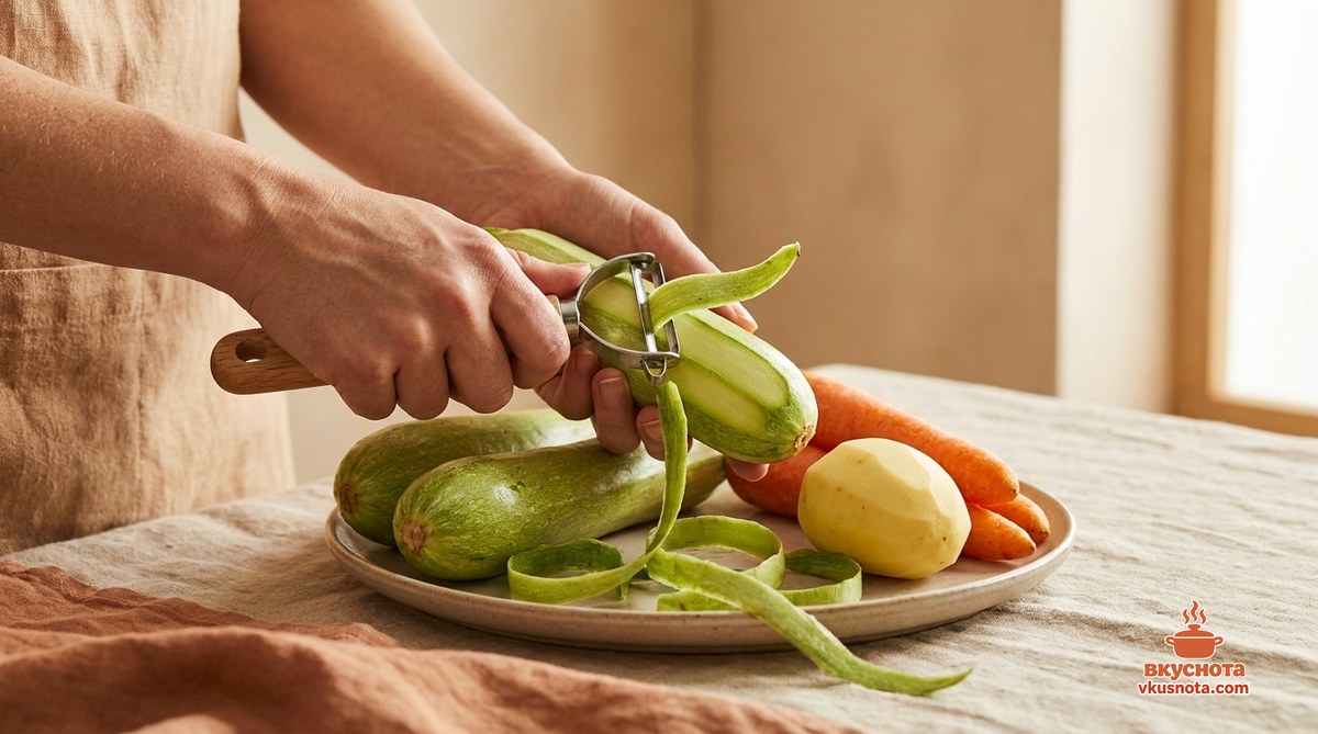 Очищенные кабачки, картофель, морковь и лук на разделочной доске