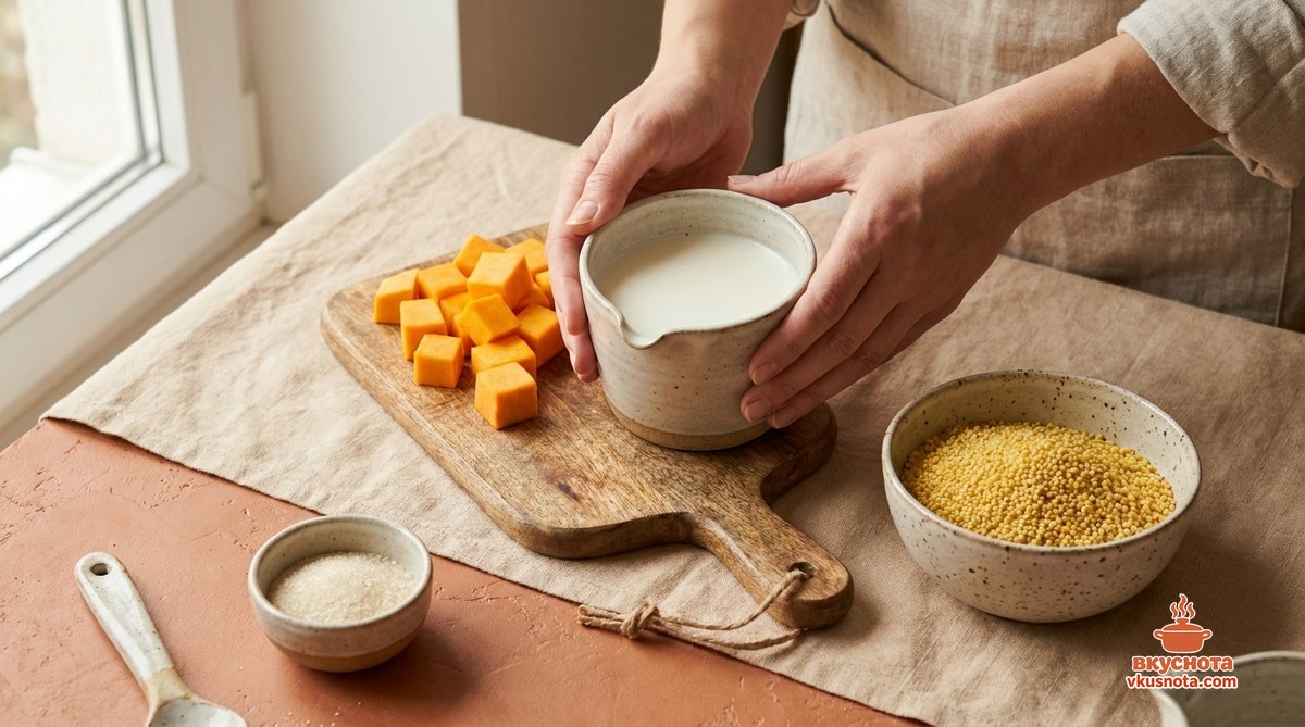 Продукты для каши на столе: пшено, молоко, тыква, сахар, ванилин