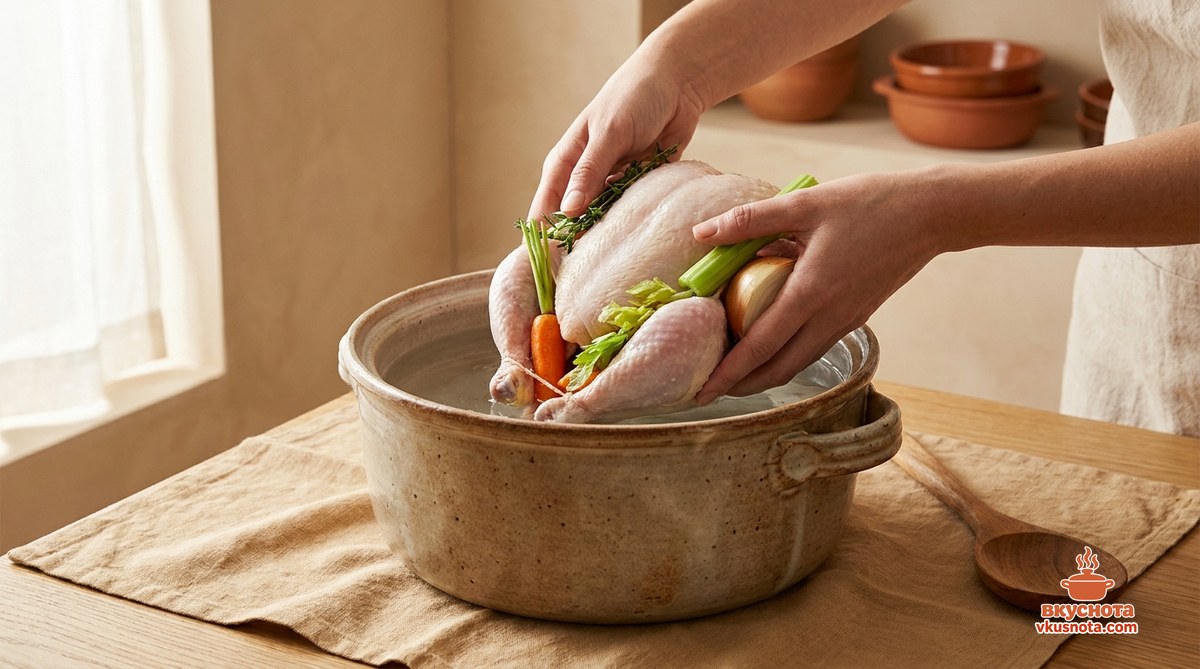 Как сварить прозрачный куриный бульон: курица в кастрюле, залитая холодной водой