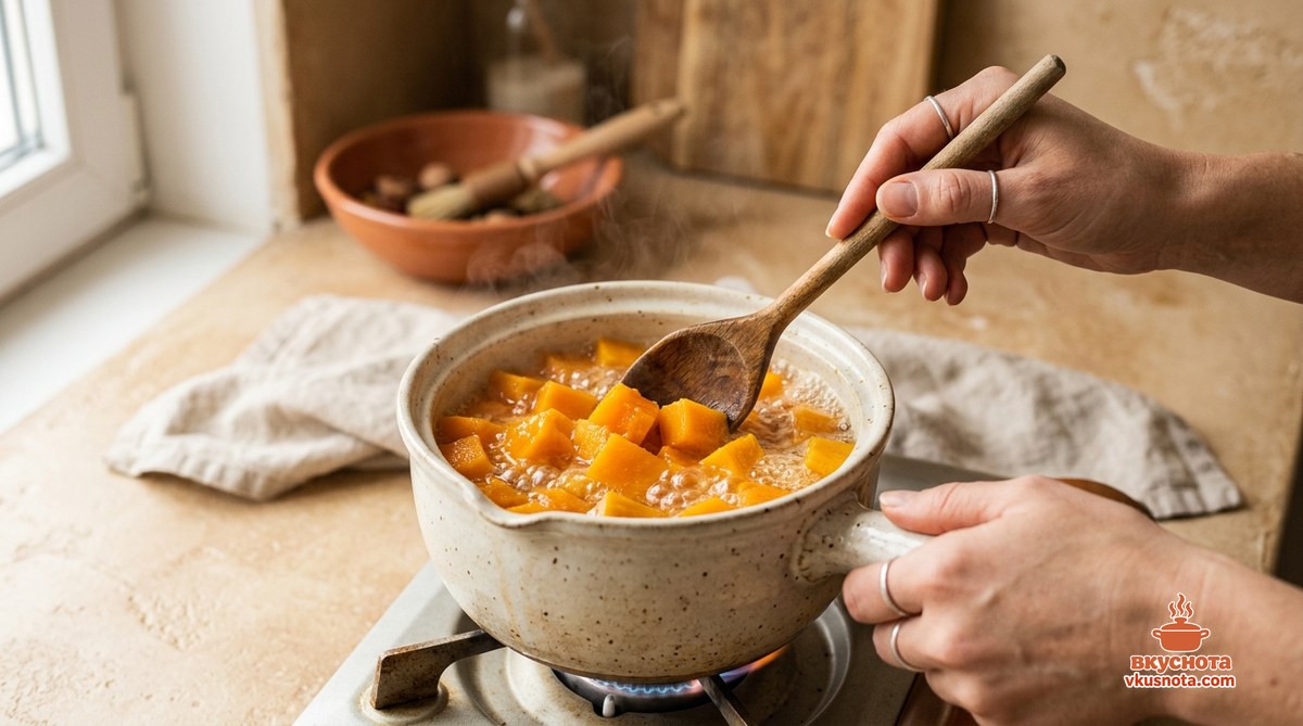 Запеканка из тыквы с манкой — кусочки тыквы варятся в кастрюле