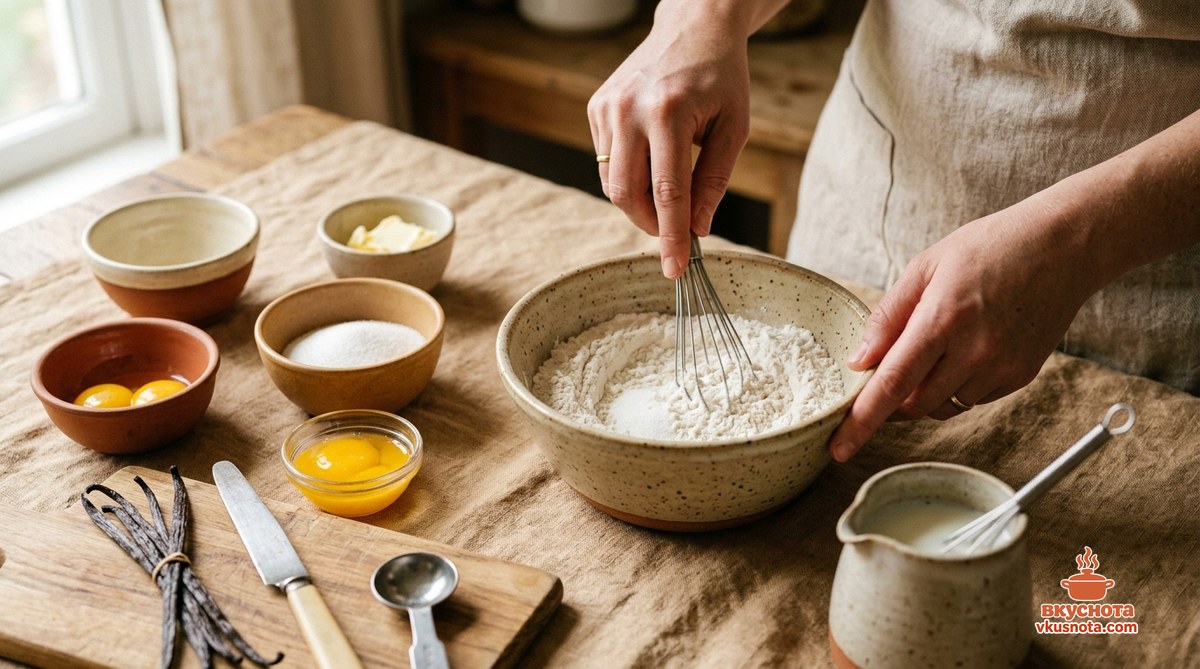 Корнет с кремом — продукты для трубочек и заварного крема на столе