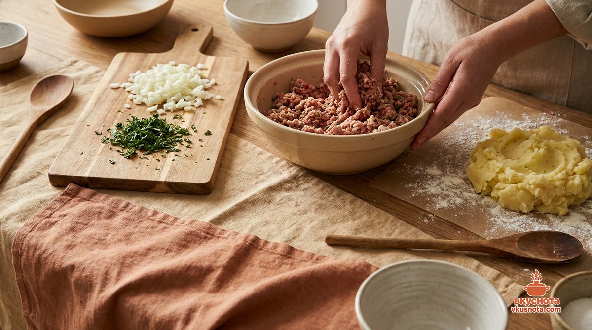 Картофельные зразы с фаршем — набор продуктов на столе