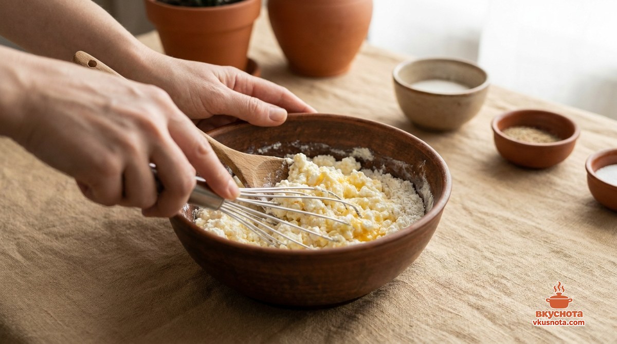 Смешивание творога с яйцами, цельнозерновой мукой и манкой в миске