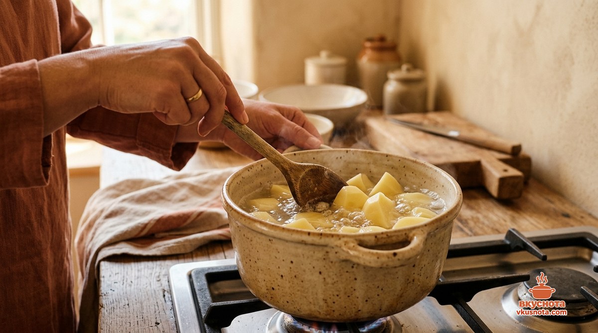 Сколько варить картошку: очищенные кусочки картофеля в кастрюле