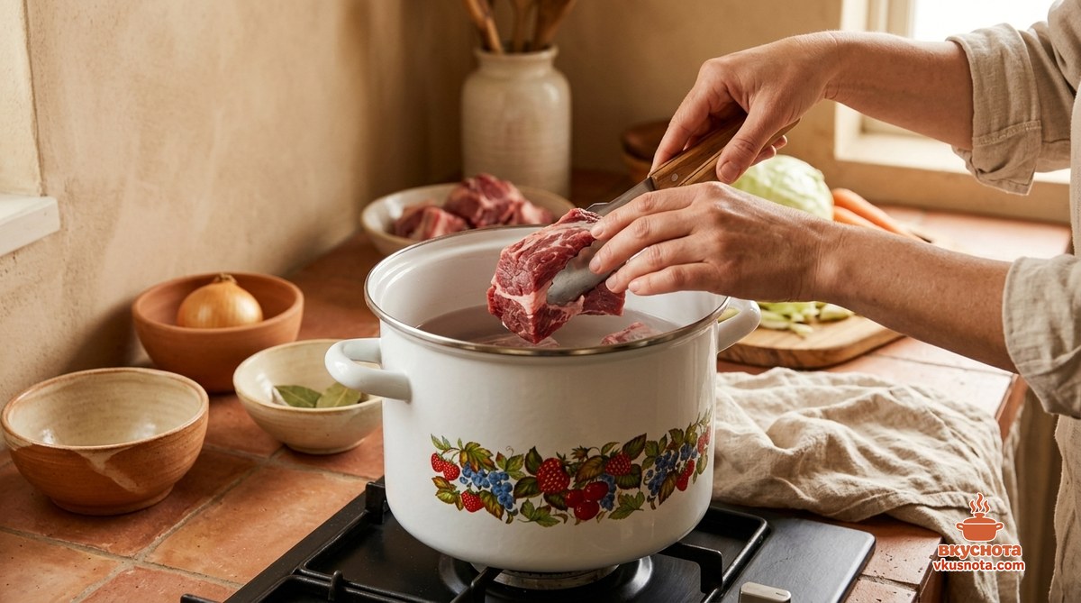 Мясо в кастрюле с водой, варится на плите для борща со свежей капустой