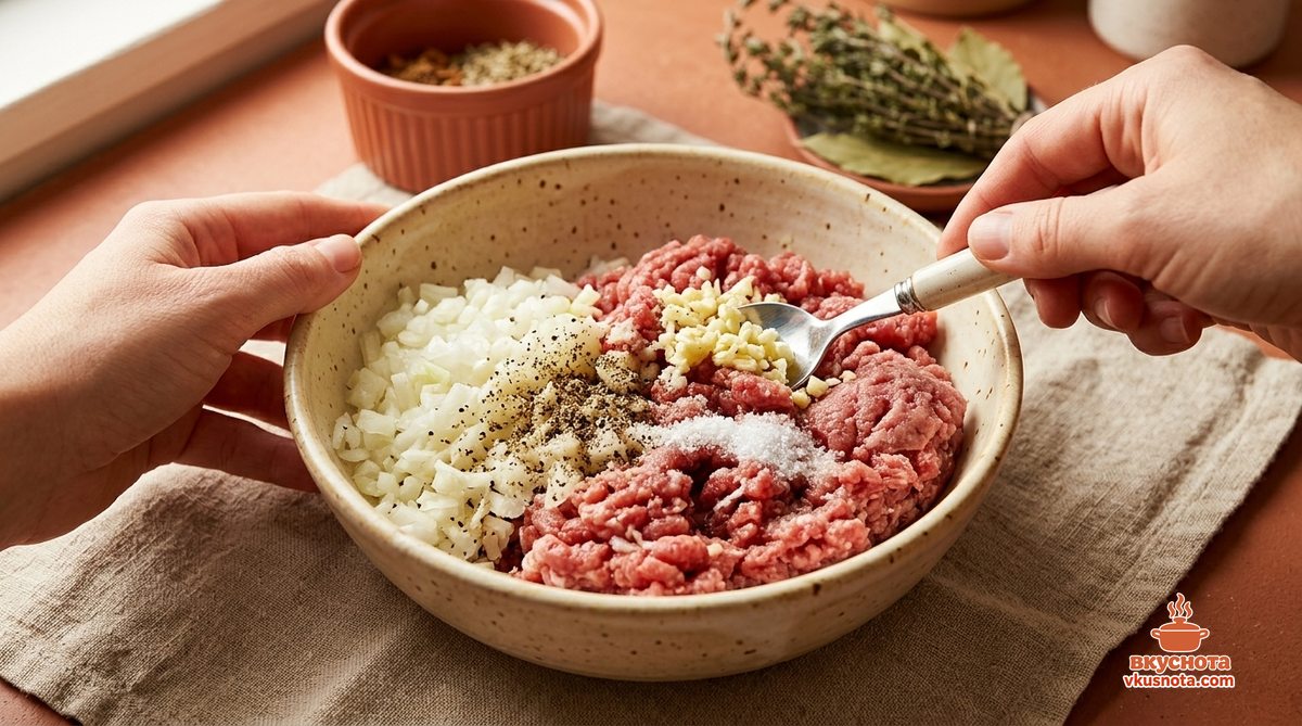 Вымешивание говяжьего фарша с луком, чесноком и специями