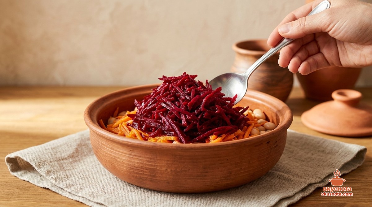 Тёртая свёкла добавляется в сотейник к овощам