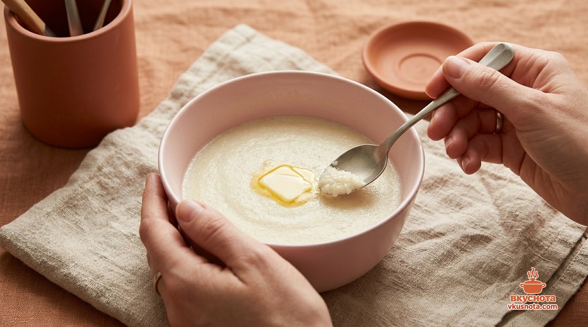 Готовая манная каша подаётся с кусочком сливочного масла