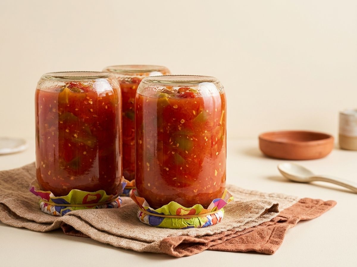 Лечо разложено по банкам, банки перевёрнуты вниз горлышком