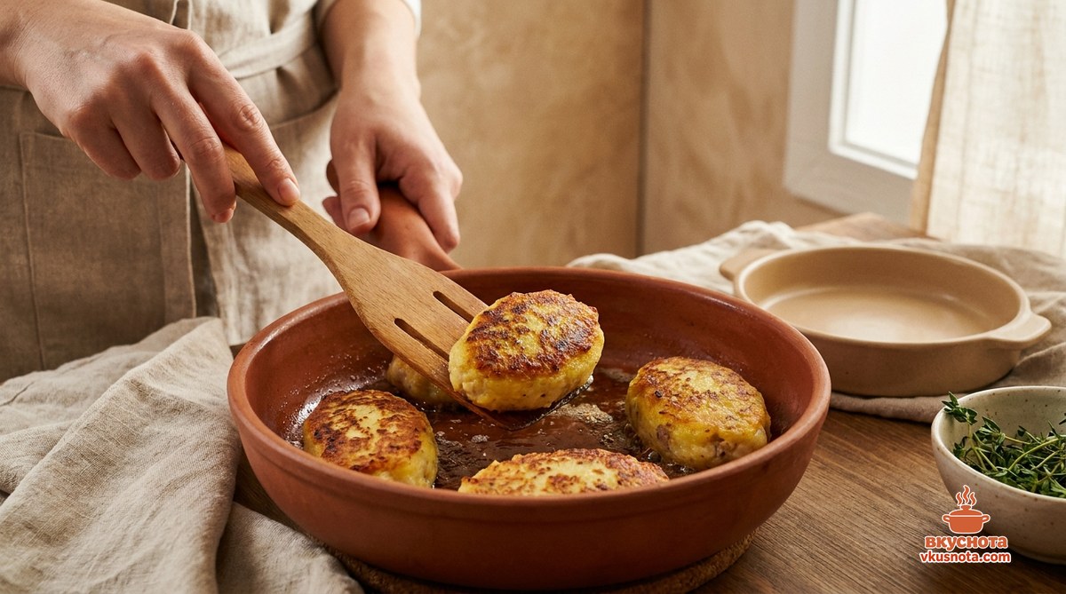 Картофельные зразы с фаршем — фарш жарится, комочки разбиваются