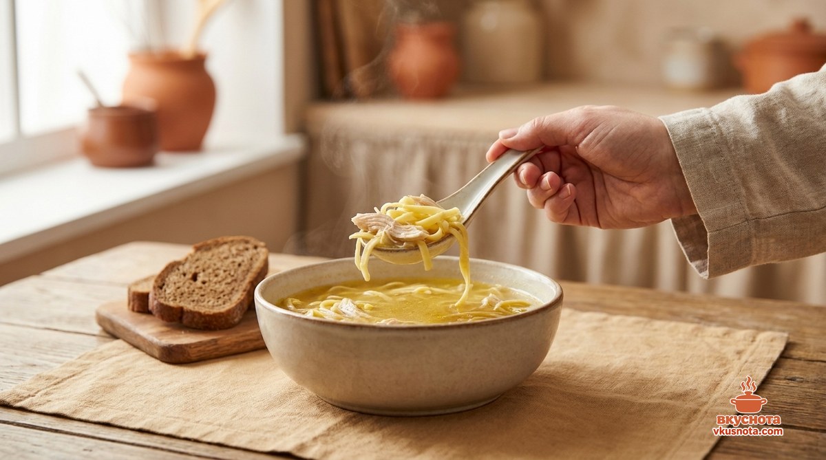 Готовый куриный суп с лапшой в кастрюле
