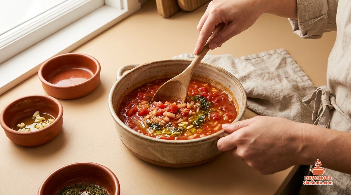 Сметана смешивается с мукой и бульоном венчиком в миске