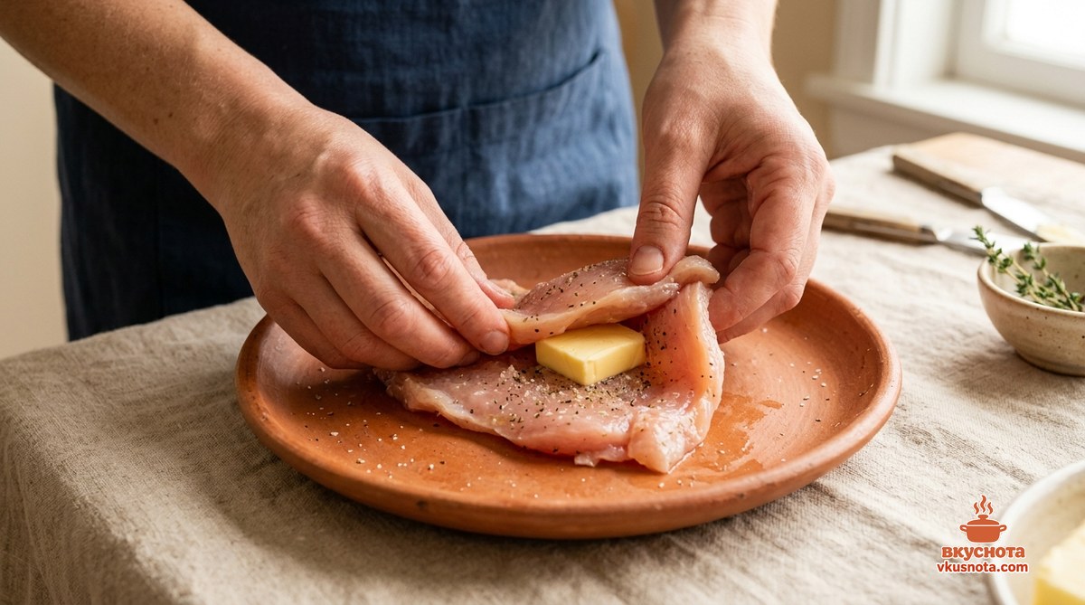 Круглые котлеты из куриного фарша с кусочком сливочного масла внутри
