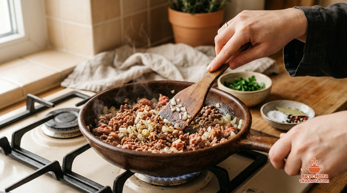 Кастрюля с водой и мясом на плите