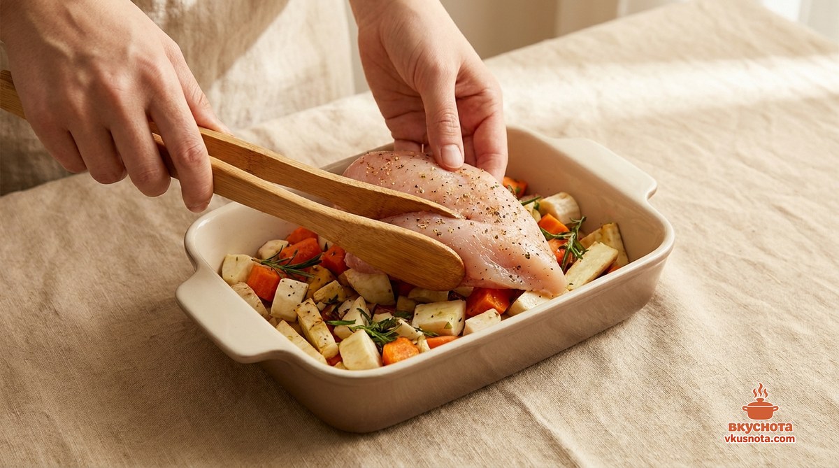 Кусочки куриной грудки выложены вторым слоем в форму