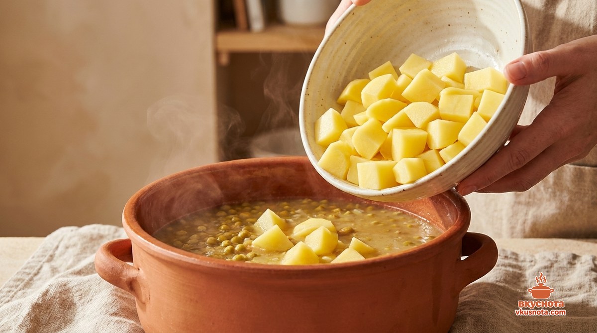 Картофель, нарезанный кубиками, выкладывается в кастрюлю с супом