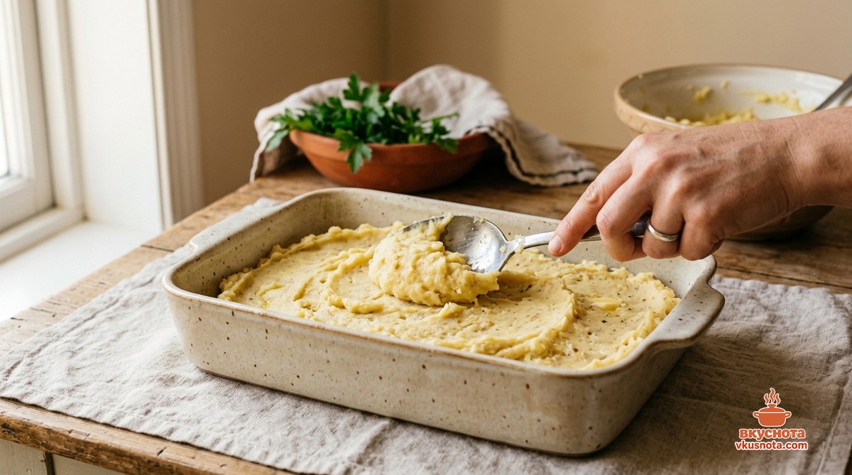 Картофельное пюре с молоком, маслом и яйцом, половина выложена в форму