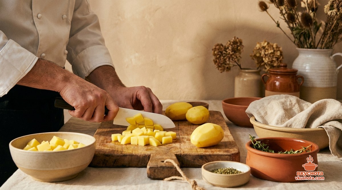 Чем загустить суп-пюре: нарезка картофеля кубиками для супа