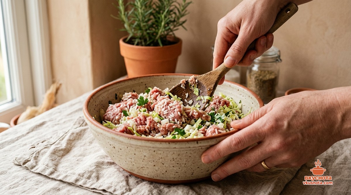 Фарш с рисом и луком хорошо вымешивается в миске для ленивых голубцов