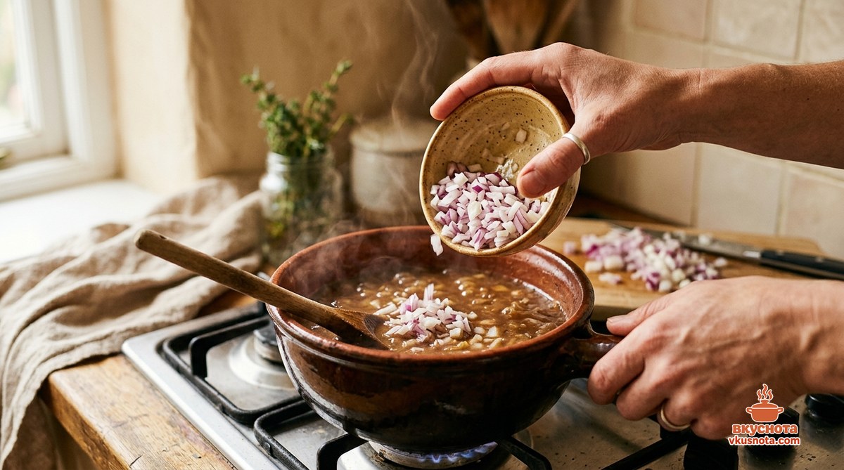 Лук дольками добавлен к мясу, тушение под крышкой на медленном огне