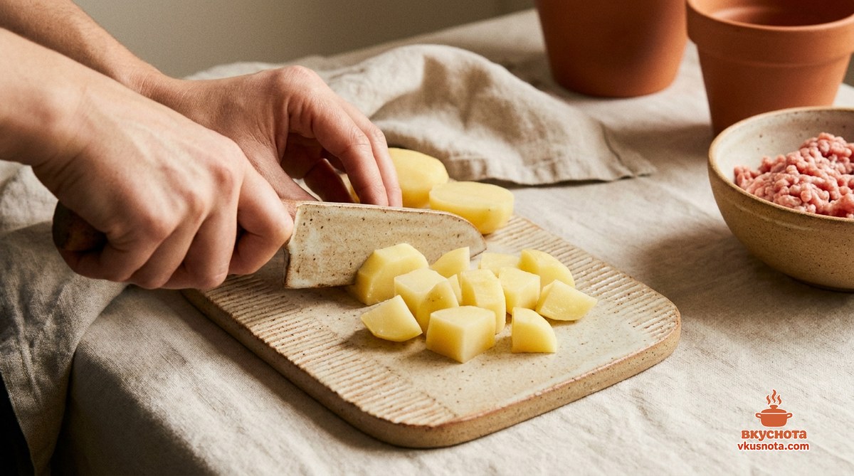 Картофельные зразы с фаршем — очищенный картофель, нарезанный кусочками