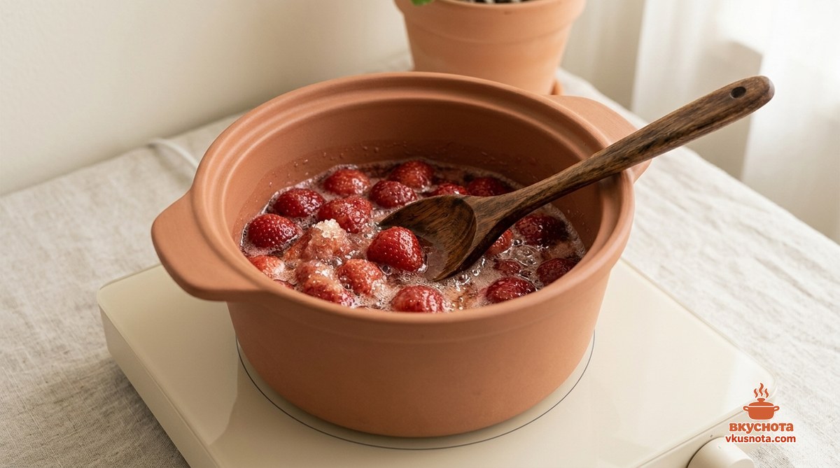 Кастрюля с клубникой и сахаром закипает на плите