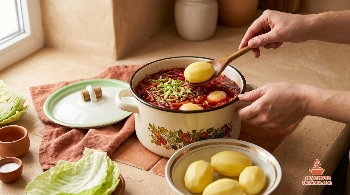 Очищенный и нарезанный картофель добавляется в мясной бульон для борща