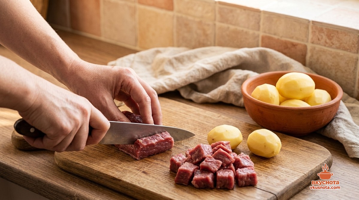 Нарезанные кусочки говядины и картофель кубиками на доске
