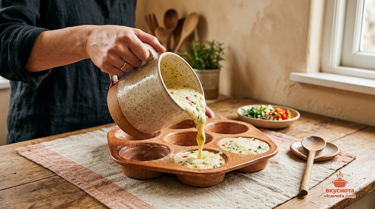 Яичная смесь разлита по формочкам для запекания