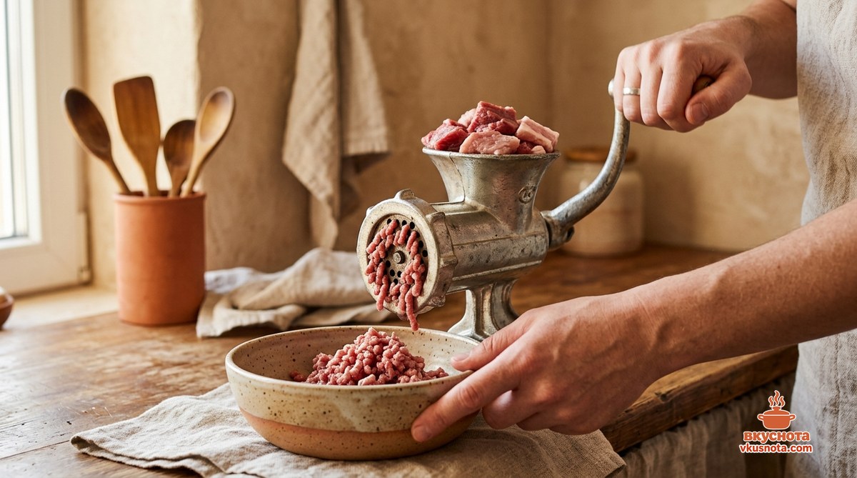 Кусочки варёного мяса в блендере
