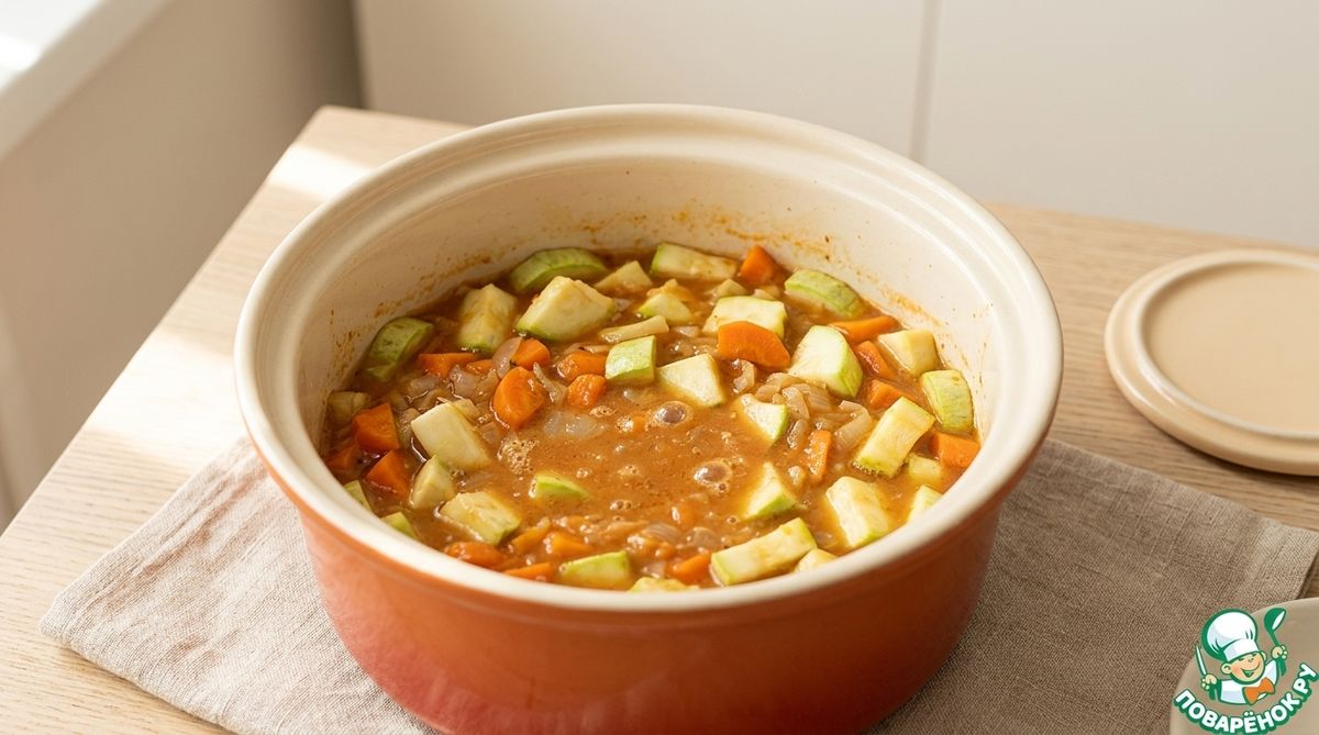 Кабачки тушатся с луком и морковью в кастрюле