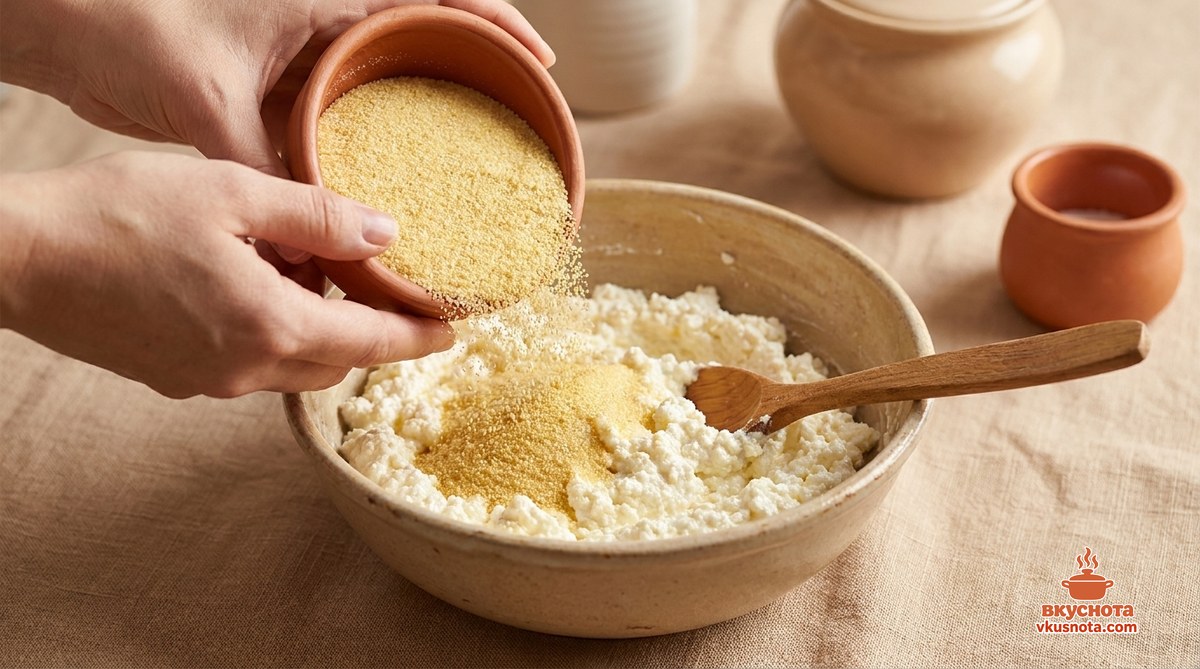 Творожная масса с манкой в миске, настаивание