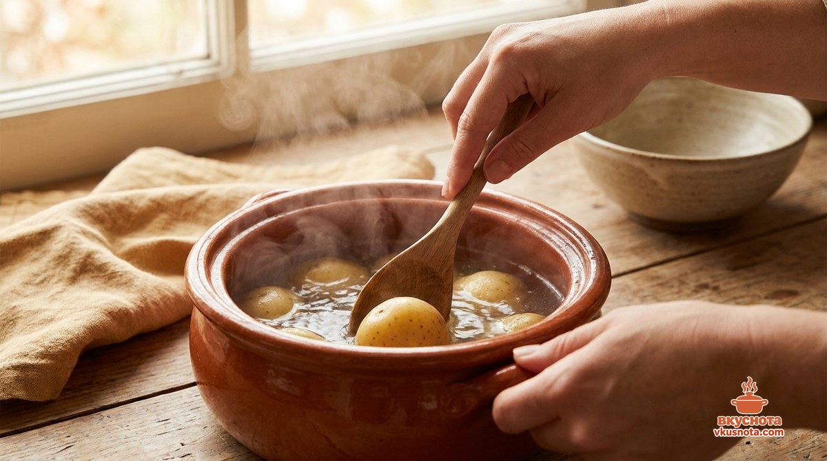 Картофельные зразы с фаршем — картофель варится в кастрюле