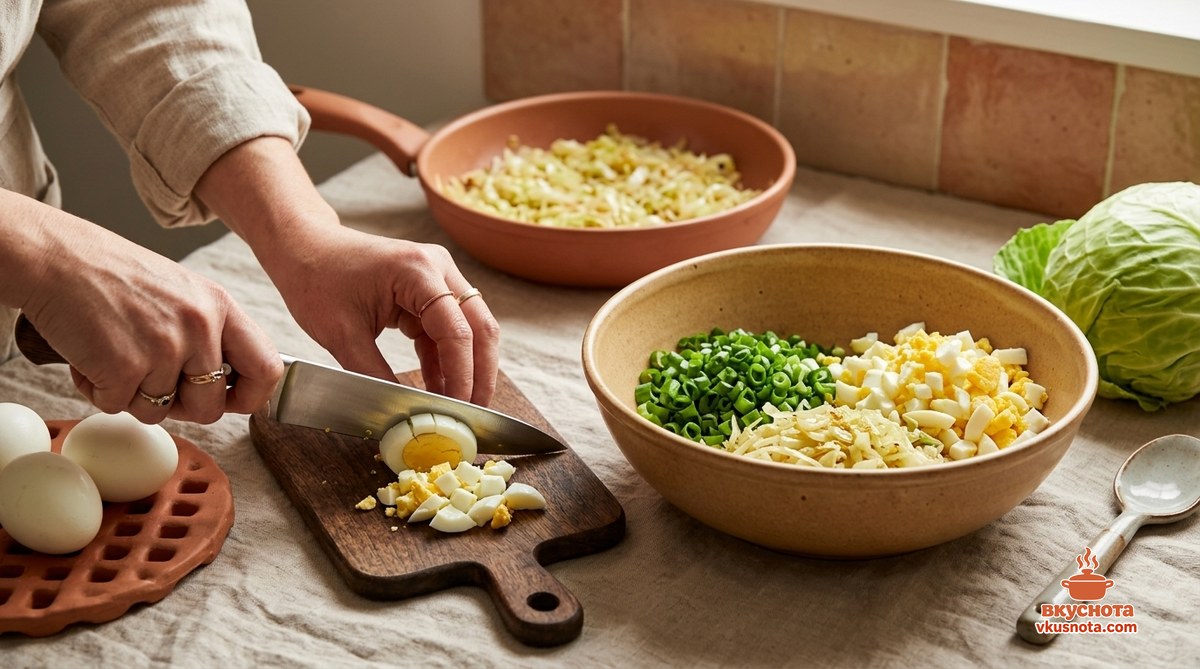 Зелёный лук кольцами, нарезанные варёные яйца