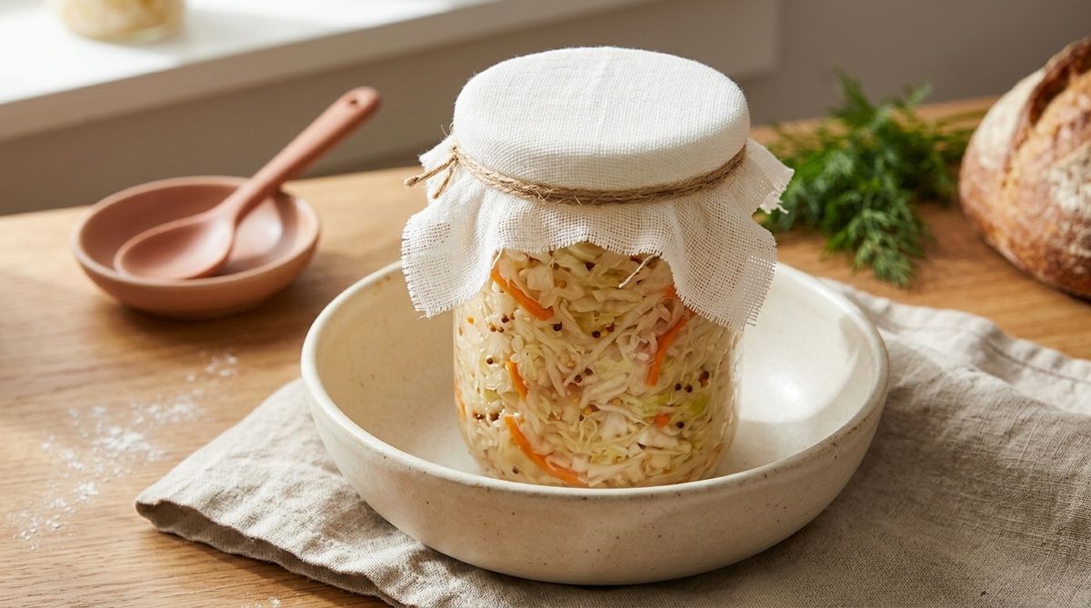 Банка капусты накрыта марлей, стоит в миске на столе